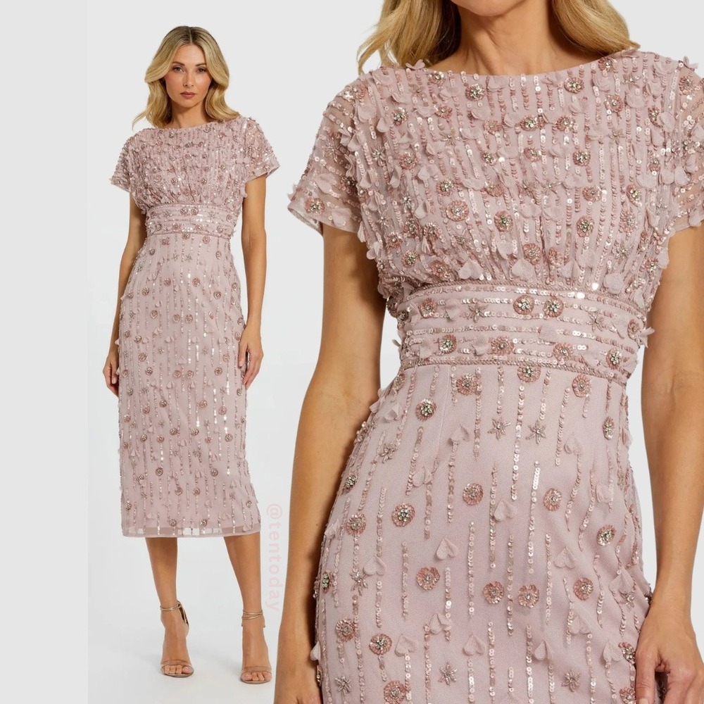 $498 Mac Duggal 94117 Womens Size 12 Light Pink Floral Beaded Column Midi Dress